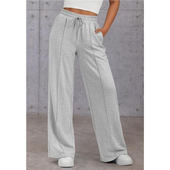 Womens Wide Leg Sweatpants High Waisted Light Grey - Picture 3 of 6